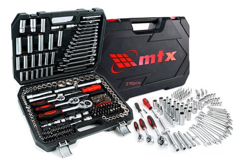 JOGO DE FERRAMENTAS, ENCAIXE 1/2, 3/8, 1/4, CROMO VANADIO, MALETA PLASTICA, 216PCS // MTX 	1353055